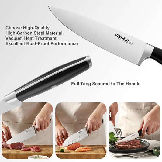 Fikshot Knife Set 14-Piece Ultra-Sharp Full Tang Chef Knives with Block and Sharpener, High-Carbon Steel Black Handle for Kitchens, BBQs and Feasts, Rust-Resistant, Dishwasher-Safe, Gift for Chefs