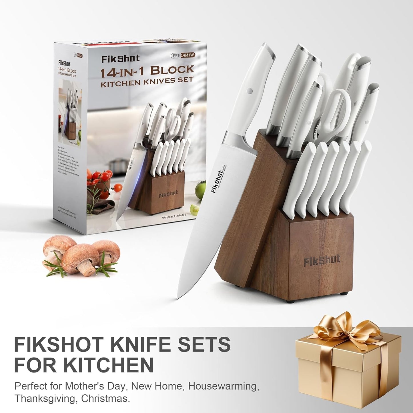 Fikshot Knife Set 14-Piece Professional Chef Knives with Block and Sharpener, Elegant White Stainless Steel for Small Apartments, Modern Kitchens and Rental Homes, Dishwasher-Safe, Gift for Chefs
