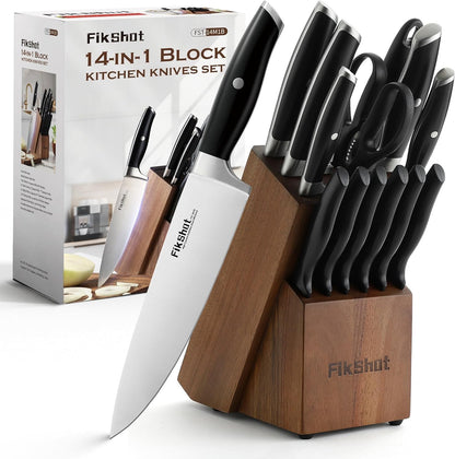 Fikshot Knife Set – German Stainless Steel, Ultra-Sharp, 14-Piece with Knife Block & Sharpener, Full Tang Black Handle, Rust-Resistant, Dishwasher-Safe for Kitchens, Gift for Chefs