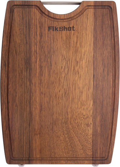 FIKSHOT Non-Slip Cutting Board with Built-in Handles, in Black Sandalwood – Wood Serving Board Set with Deep Juice Groove & Handles | Charcuterie & Chopping Butcher Block for Meat