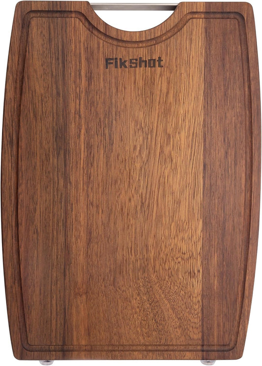 FIKSHOT Non-Slip Cutting Board with Built-in Handles, in Black Sandalwood – Wood Serving Board Set with Deep Juice Groove & Handles | Charcuterie & Chopping Butcher Block for Meat