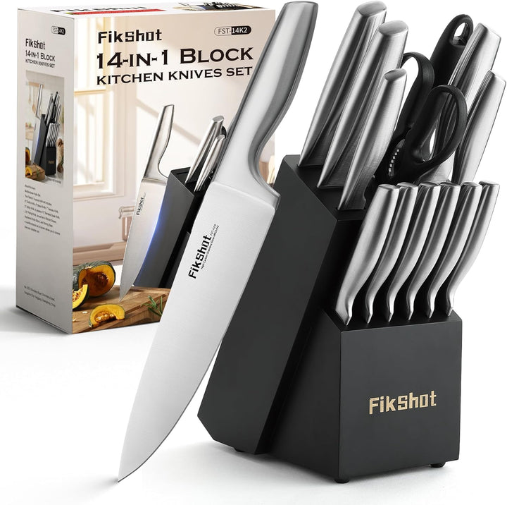 FIKSHOT Kitchen Knife Set, Including Knife Block Set and Sharpener - Made of High Carbon Steel, Rust-Resistant, Ergonomic Handle, Suitable for Cooking, Grilling and Gifting