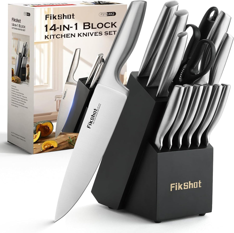 FIKSHOT Kitchen Knife Set, Including Knife Block Set and Sharpener - Made of High Carbon Steel, Rust-Resistant, Ergonomic Handle, Suitable for Cooking, Grilling and Gifting