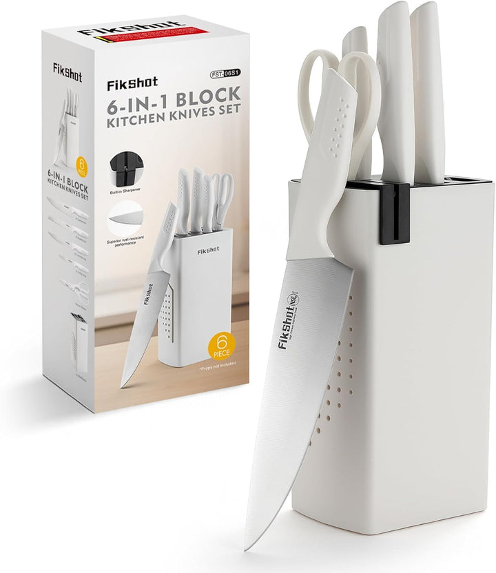 Knife Set, FIKSHOT 6-Piece Kitchen Knife Block Set with & Built-In Sharpener, Dishwasher Safe High Carbon Stainless Steel Blades, Rust-Resistant – Ideal Housewarming Gift