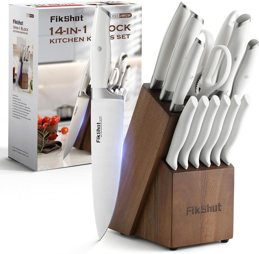 Fikshot Knife Set 14-Piece Professional Chef Knives with Block and Sharpener, Elegant White Stainless Steel for Small Apartments, Modern Kitchens and Rental Homes, Dishwasher-Safe, Gift for Chefs