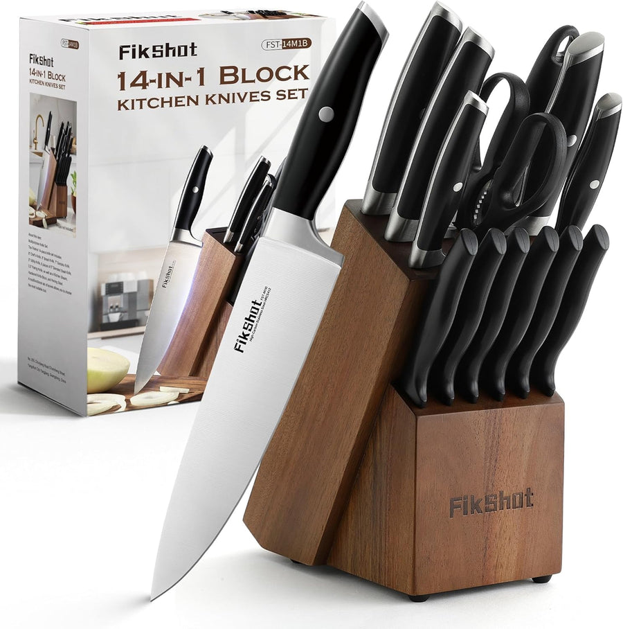 Fikshot Knife Set 14-Piece Ultra-Sharp Full Tang Chef Knives with Block and Sharpener, High-Carbon Steel Black Handle for Kitchens, BBQs and Feasts, Rust-Resistant, Dishwasher-Safe, Gift for Chefs