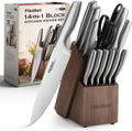 FIKSHOT 14 Pieces Knife Block Set German Stainless Steel with Block, Razor-Sharp Santoku Knives, Fruit & Kitchen Knives, Rust Resistant for Homecooks (Silver + Walnut)