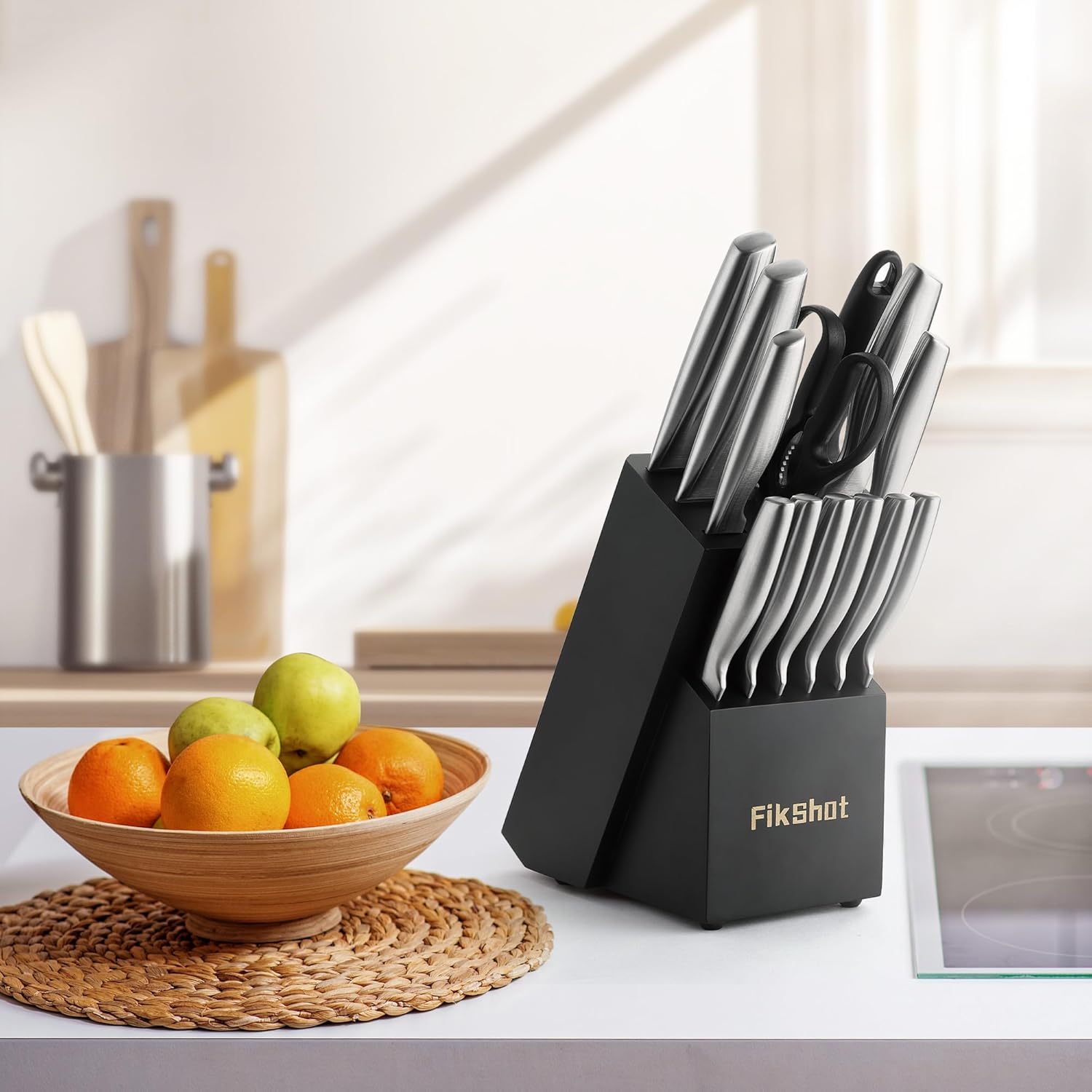 FIKSHOT Kitchen Knife Set, Including Knife Block Set and Sharpener - Made of High Carbon Steel, Rust-Resistant, Ergonomic Handle, Suitable for Cooking, Grilling and Gifting