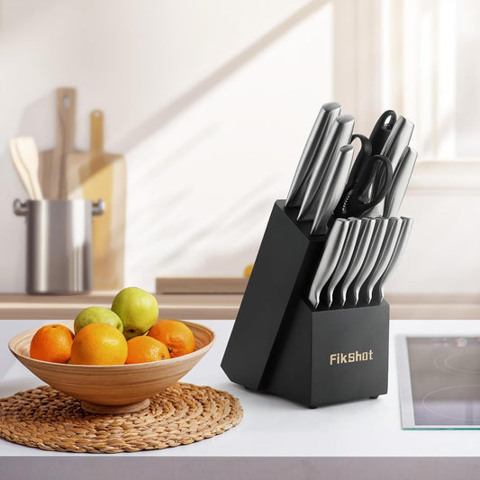 FIKSHOT Kitchen Knife Set, Including Knife Block Set and Sharpener - Made of High Carbon Steel, Rust-Resistant, Ergonomic Handle, Suitable for Cooking, Grilling and Gifting