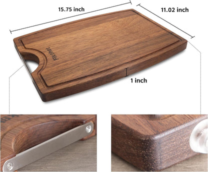 FIKSHOT Non-Slip Cutting Board with Built-in Handles, in Black Sandalwood – Wood Serving Board Set with Deep Juice Groove & Handles | Charcuterie & Chopping Butcher Block for Meat