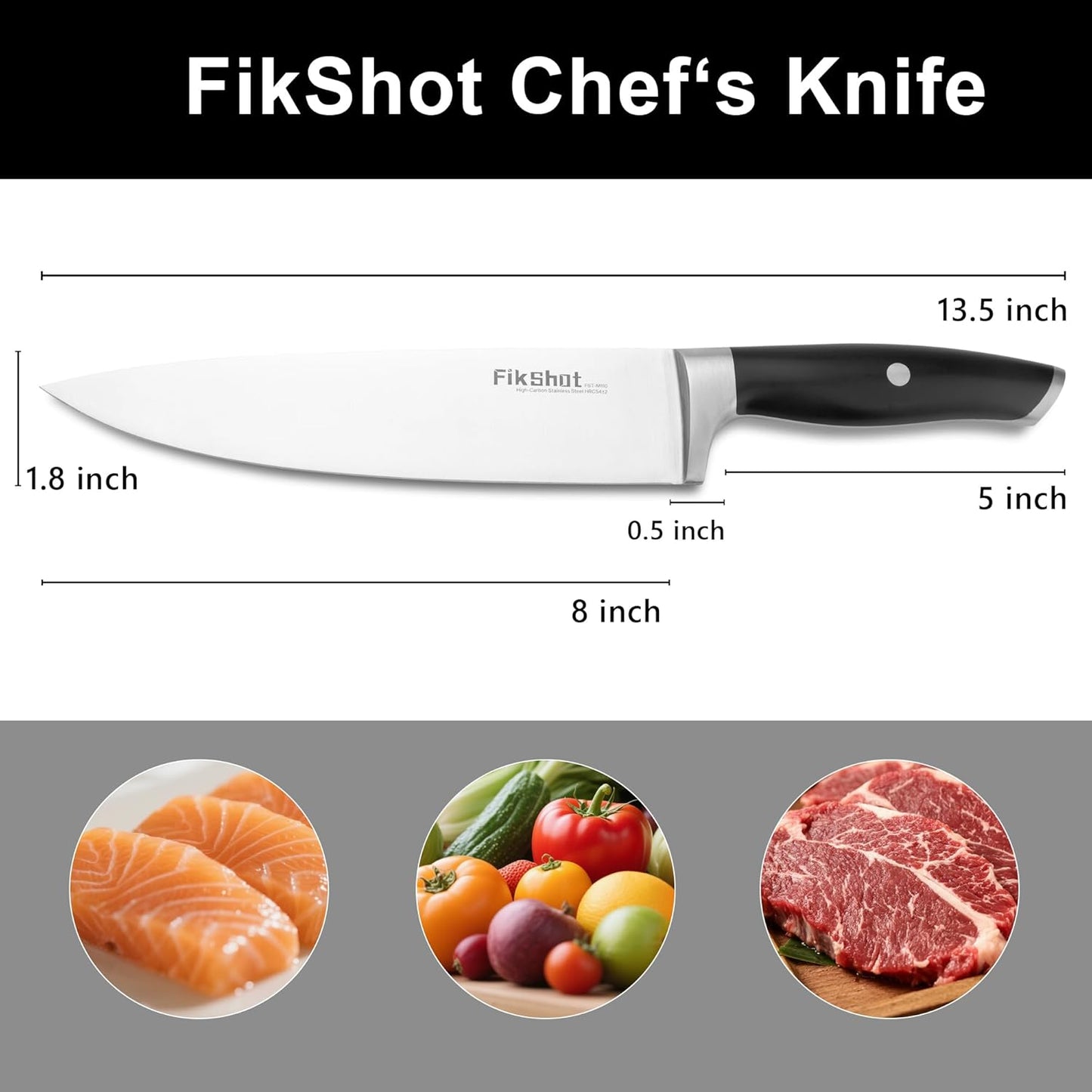 FikShot Chef Knife, 8 Inch High Carbon Stainless Steel Sharp Kitchen Knife with Ergonomic Handle, Professional Ultra Sharp Kitchen Knives for Cooking