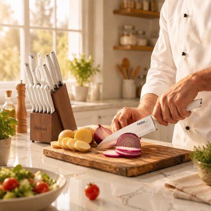 Fikshot 14-Piece Knife Set – German High Carbon Stainless Steel, Professional Chef Knives with Block & Sharpener, Elegant White, Dishwasher-Safe, Modern Kitchens, Rental Homes, Gift for Chefs