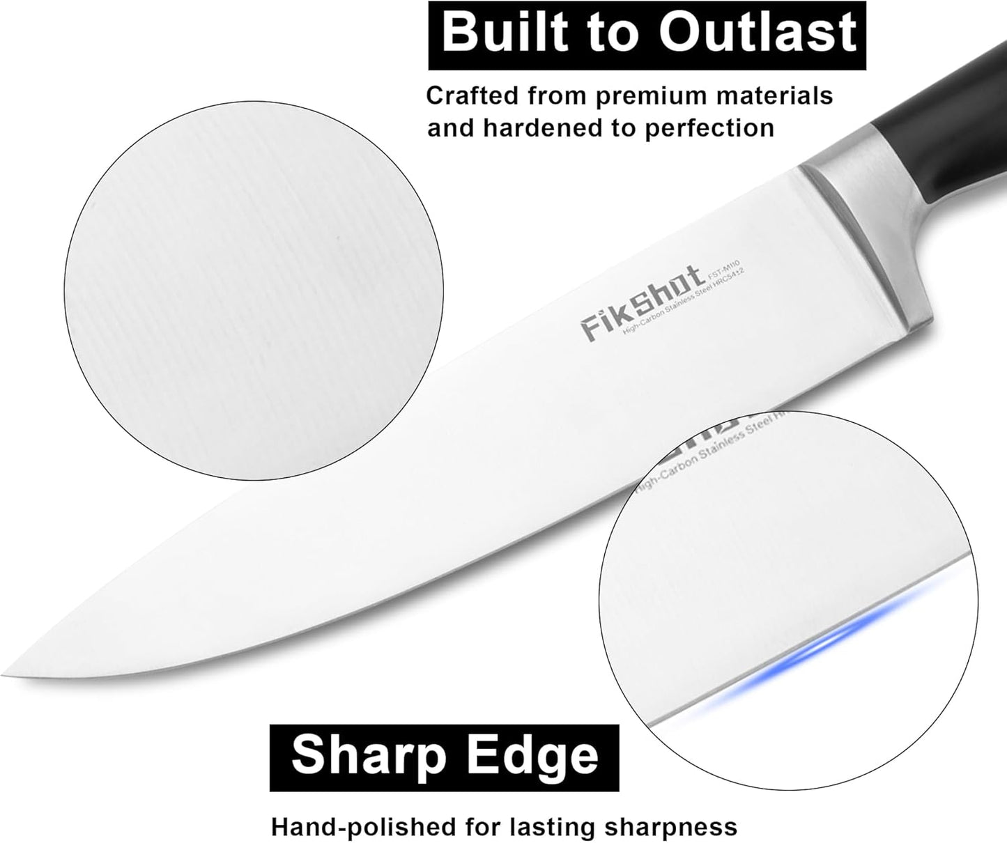 FikShot Chef Knife, 8 Inch High Carbon Stainless Steel Sharp Kitchen Knife with Ergonomic Handle, Professional Ultra Sharp Kitchen Knives for Cooking