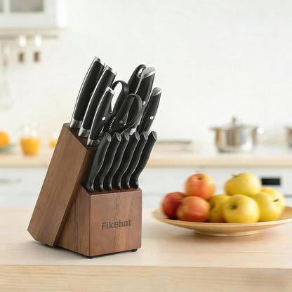 Fikshot Knife Set 14-Piece Ultra-Sharp Full Tang Chef Knives with Block and Sharpener, High-Carbon Steel Black Handle for Kitchens, BBQs and Feasts, Rust-Resistant, Dishwasher-Safe, Gift for Chefs