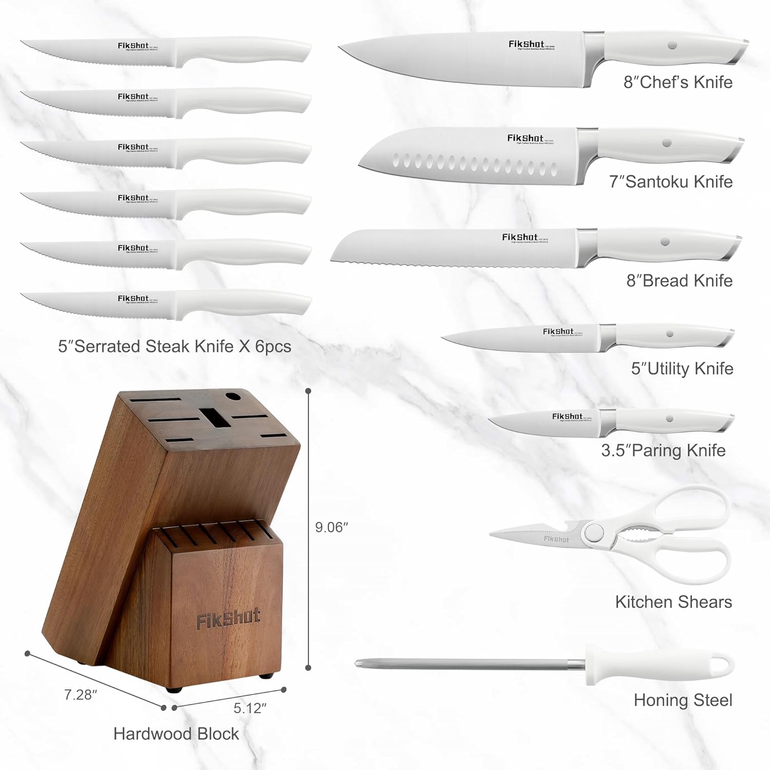 Fikshot 14-Piece Knife Set – German High Carbon Stainless Steel, Professional Chef Knives with Block & Sharpener, Elegant White, Dishwasher-Safe, Modern Kitchens, Rental Homes, Gift for Chefs