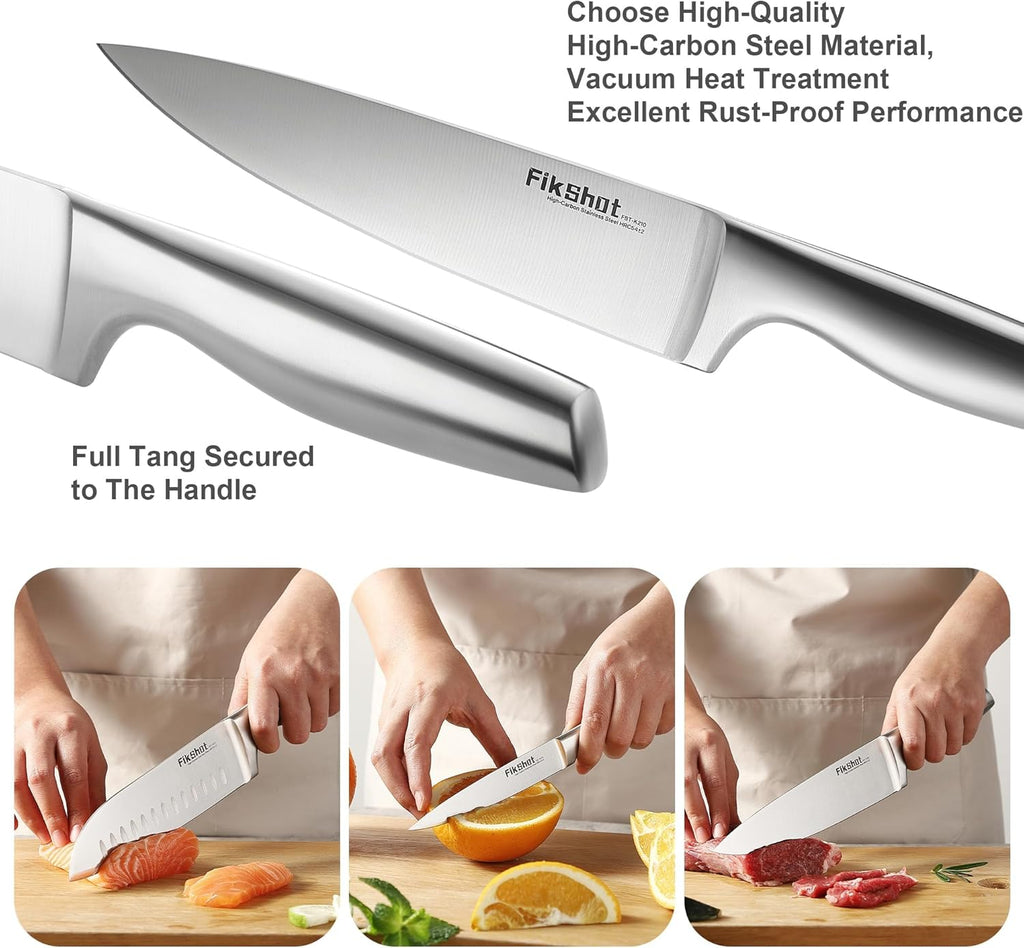 FIKSHOT Kitchen Knife Set, Including Knife Block Set and Sharpener - Made of High Carbon Steel, Rust-Resistant, Ergonomic Handle, Suitable for Cooking, Grilling and Gifting