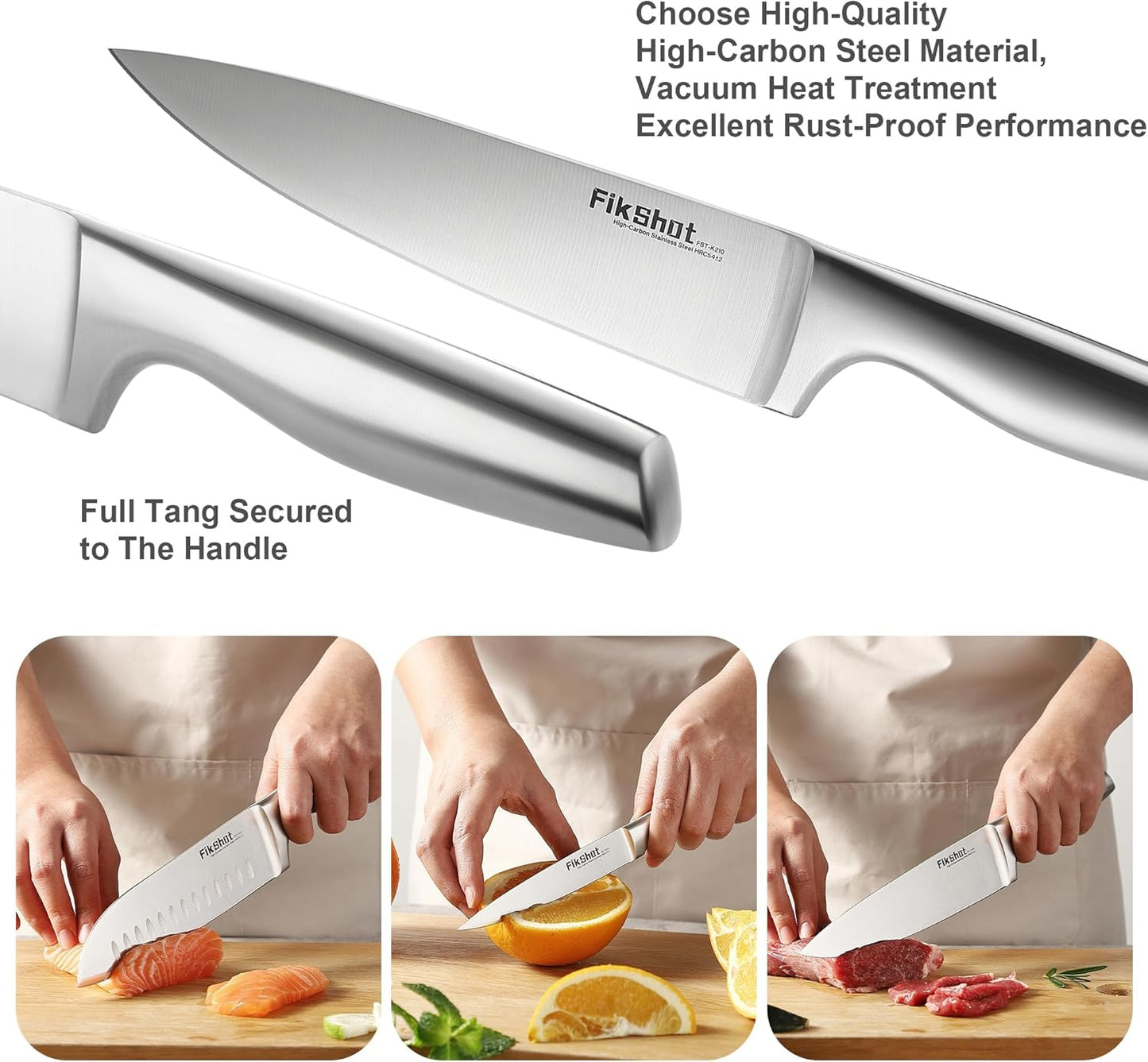 FIKSHOT Kitchen Knife Set, Including Knife Block Set and Sharpener - Made of High Carbon Steel, Rust-Resistant, Ergonomic Handle, Suitable for Cooking, Grilling and Gifting