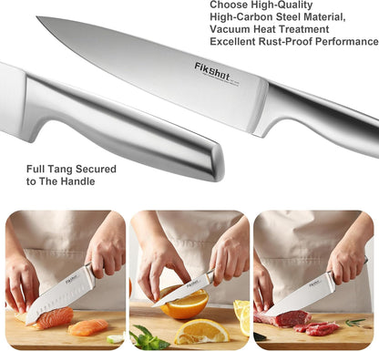 FIKSHOT Kitchen Knife Set, Including Knife Block Set and Sharpener - Made of High Carbon Steel, Rust-Resistant, Ergonomic Handle, Suitable for Cooking, Grilling and Gifting