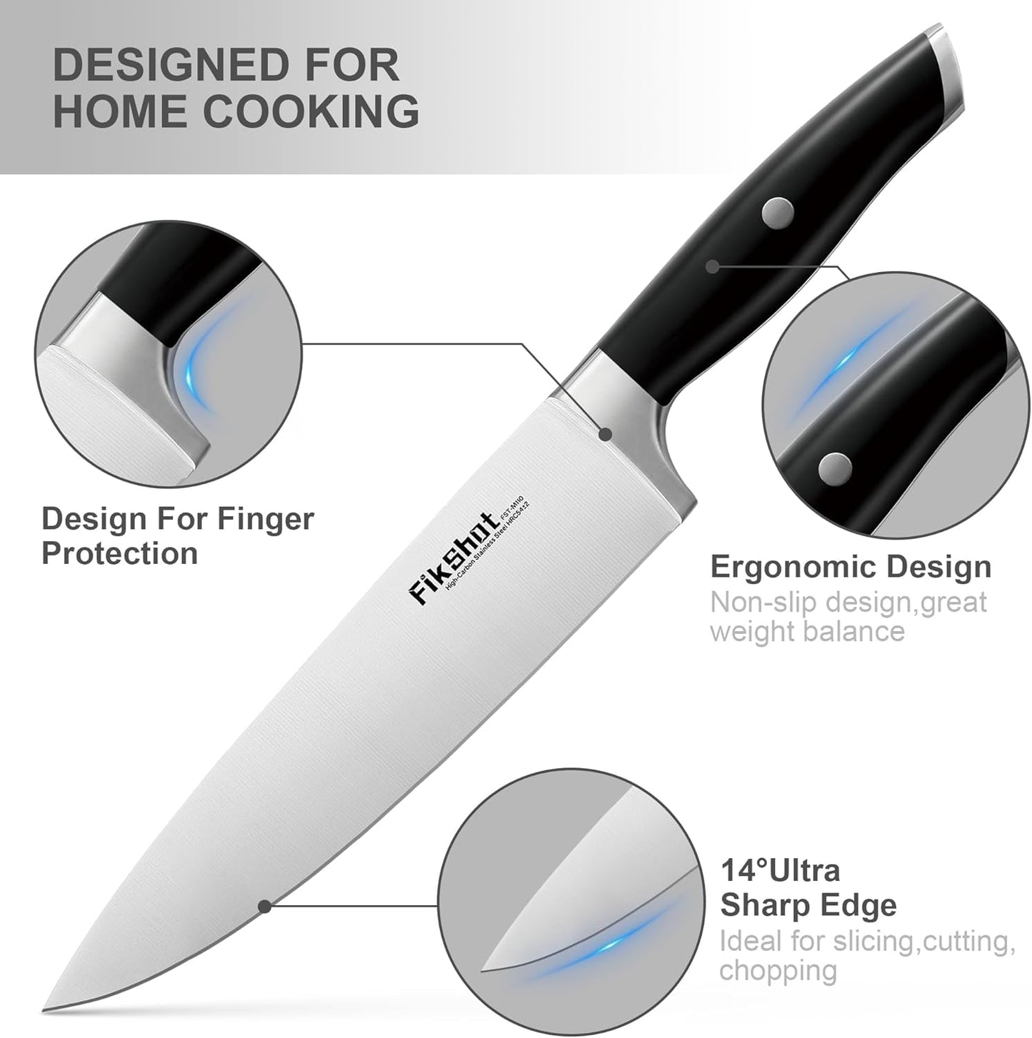 Fikshot Knife Set 14-Piece Ultra-Sharp Full Tang Chef Knives with Block and Sharpener, High-Carbon Steel Black Handle for Kitchens, BBQs and Feasts, Rust-Resistant, Dishwasher-Safe, Gift for Chefs