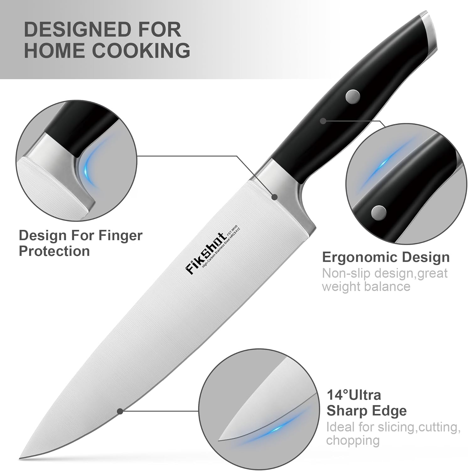 Fikshot Knife Set 14-Piece Ultra-Sharp Full Tang Chef Knives with Block and Sharpener, High-Carbon Steel Black Handle for Kitchens, BBQs and Feasts, Rust-Resistant, Dishwasher-Safe, Gift for Chefs