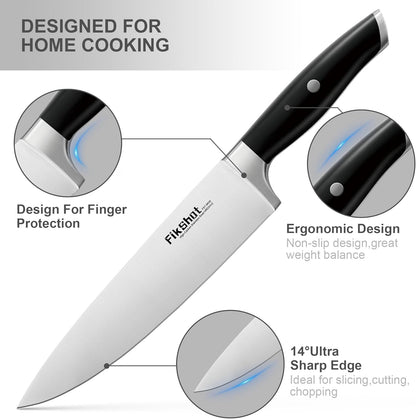 Fikshot Knife Set 14-Piece Ultra-Sharp Full Tang Chef Knives with Block and Sharpener, High-Carbon Steel Black Handle for Kitchens, BBQs and Feasts, Rust-Resistant, Dishwasher-Safe, Gift for Chefs