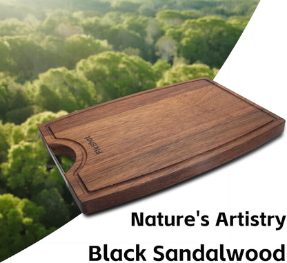 FIKSHOT Non-Slip Cutting Board with Built-in Handles, in Black Sandalwood – Wood Serving Board Set with Deep Juice Groove & Handles | Charcuterie & Chopping Butcher Block for Meat