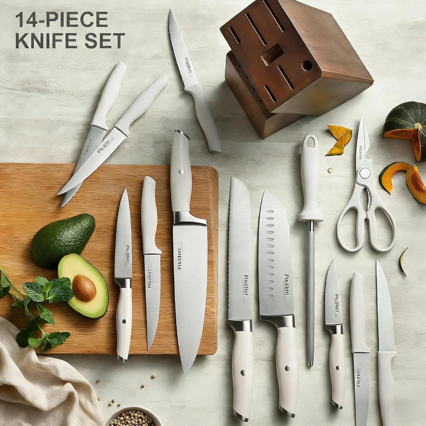Fikshot Knife Set 14-Piece Professional Chef Knives with Block and Sharpener, Elegant White Stainless Steel for Small Apartments, Modern Kitchens and Rental Homes, Dishwasher-Safe, Gift for Chefs