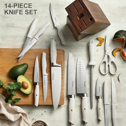Fikshot Knife Set 14-Piece Professional Chef Knives with Block and Sharpener, Elegant White Stainless Steel for Small Apartments, Modern Kitchens and Rental Homes, Dishwasher-Safe, Gift for Chefs