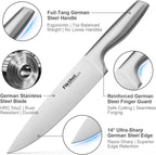 FIKSHOT 14 Pieces Knife Block Set German Stainless Steel with Block, Razor-Sharp Santoku Knives, Fruit & Kitchen Knives, Rust Resistant for Homecooks (Silver + Walnut)