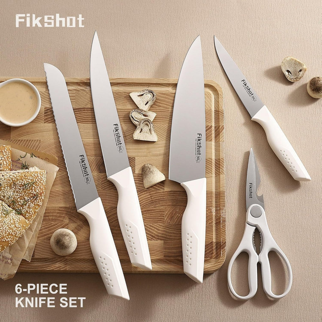 FIKSHOT 6-Piece Kitchen Knife Block Set with & Built-In Sharpener, Dishwasher Safe High Carbon Stainless Steel Blades, Rust-Resistant – Ideal Housewarming Gift