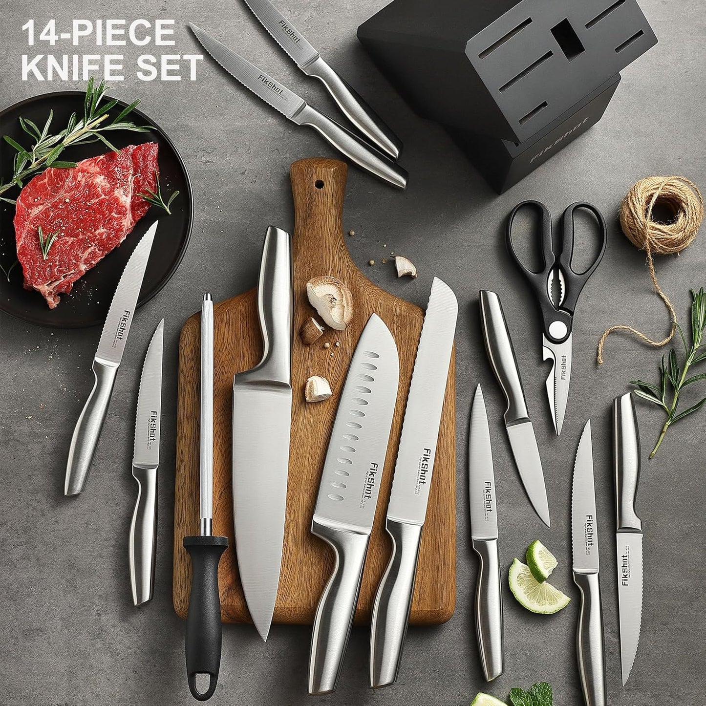 FIKSHOT Kitchen Knife Set, Including Knife Block Set and Sharpener - Made of High Carbon Steel, Rust-Resistant, Ergonomic Handle, Suitable for Cooking, Grilling and Gifting