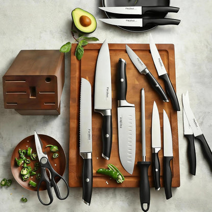 Fikshot Knife Set 14-Piece Ultra-Sharp Full Tang Chef Knives with Block and Sharpener, High-Carbon Steel Black Handle for Kitchens, BBQs and Feasts, Rust-Resistant, Dishwasher-Safe, Gift for Chefs