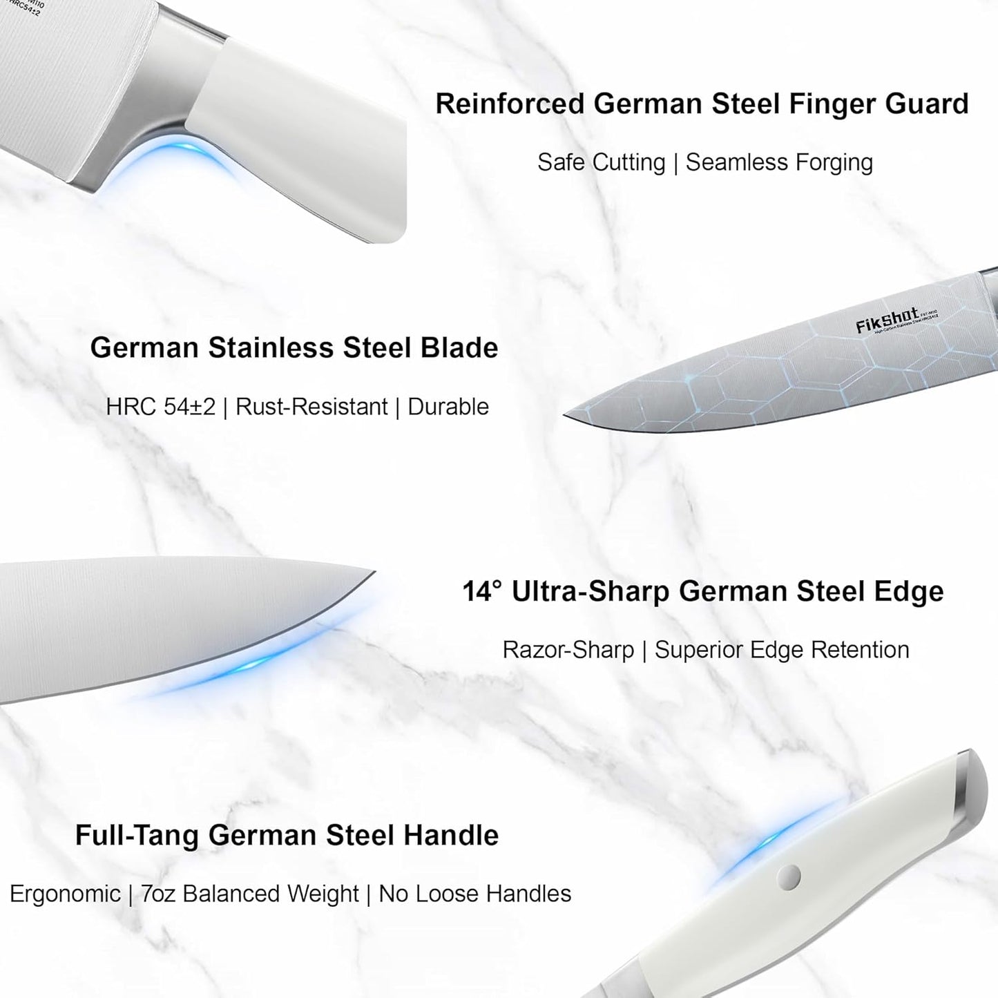Fikshot 14-Piece Knife Set – German High Carbon Stainless Steel, Professional Chef Knives with Block & Sharpener, Elegant White, Dishwasher-Safe, Modern Kitchens, Rental Homes, Gift for Chefs