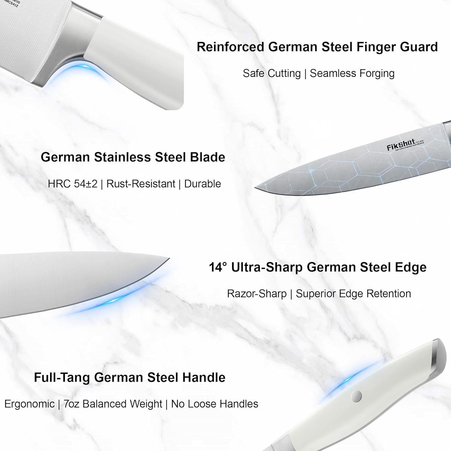 Fikshot 14-Piece Knife Set – German High Carbon Stainless Steel, Professional Chef Knives with Block & Sharpener, Elegant White, Dishwasher-Safe, Modern Kitchens, Rental Homes, Gift for Chefs