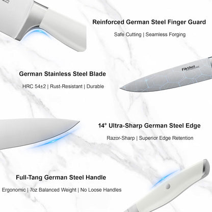 Fikshot 14-Piece Knife Set – German High Carbon Stainless Steel, Professional Chef Knives with Block & Sharpener, Elegant White, Dishwasher-Safe, Modern Kitchens, Rental Homes, Gift for Chefs