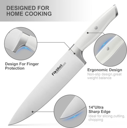 Fikshot Knife Set 14-Piece Professional Chef Knives with Block and Sharpener, Elegant White Stainless Steel for Small Apartments, Modern Kitchens and Rental Homes, Dishwasher-Safe, Gift for Chefs