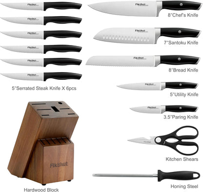 Fikshot Knife Set 14-Piece Ultra-Sharp Full Tang Chef Knives with Block and Sharpener, High-Carbon Steel Black Handle for Kitchens, BBQs and Feasts, Rust-Resistant, Dishwasher-Safe, Gift for Chefs