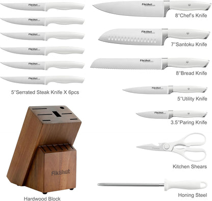 Fikshot Knife Set 14-Piece Professional Chef Knives with Block and Sharpener, Elegant White Stainless Steel for Small Apartments, Modern Kitchens and Rental Homes, Dishwasher-Safe, Gift for Chefs