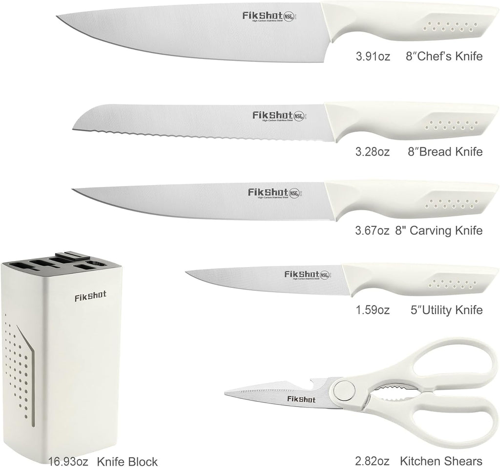 FIKSHOT 6-Piece Kitchen Knife Block Set with & Built-In Sharpener, Dishwasher Safe High Carbon Stainless Steel Blades, Rust-Resistant – Ideal Housewarming Gift