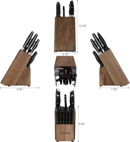 Fikshot Knife Set 14-Piece Ultra-Sharp Full Tang Chef Knives with Block and Sharpener, High-Carbon Steel Black Handle for Kitchens, BBQs and Feasts, Rust-Resistant, Dishwasher-Safe, Gift for Chefs