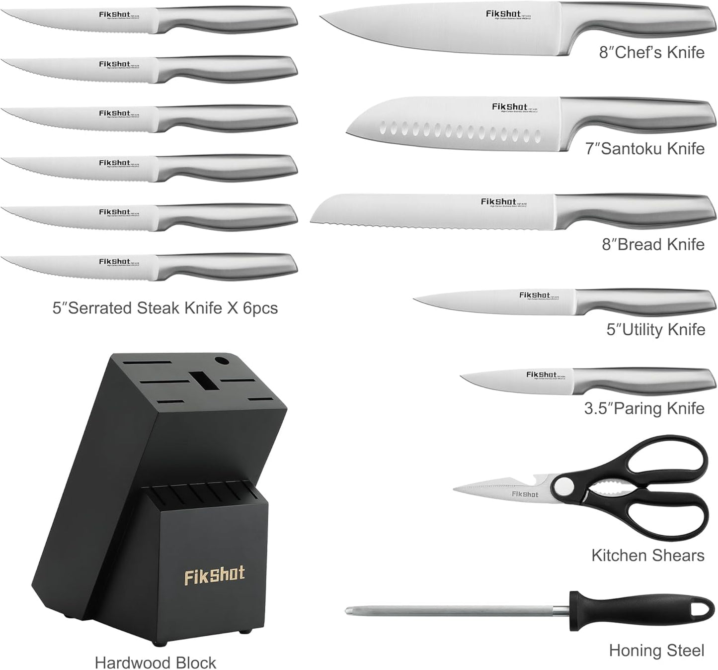 FIKSHOT Kitchen Knife Set, Including Knife Block Set and Sharpener - Made of High Carbon Steel, Rust-Resistant, Ergonomic Handle, Suitable for Cooking, Grilling and Gifting