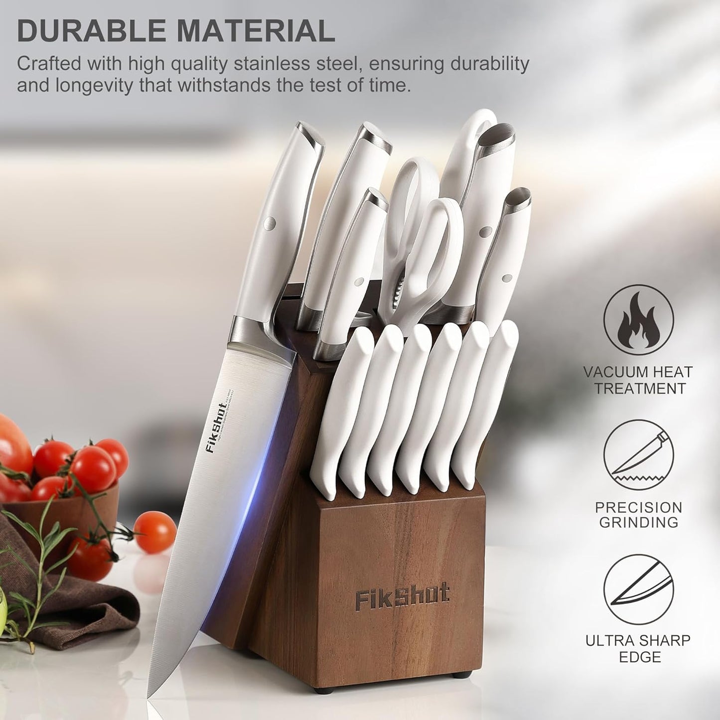 Fikshot Knife Set 14-Piece Professional Chef Knives with Block and Sharpener, Elegant White Stainless Steel for Small Apartments, Modern Kitchens and Rental Homes, Dishwasher-Safe, Gift for Chefs