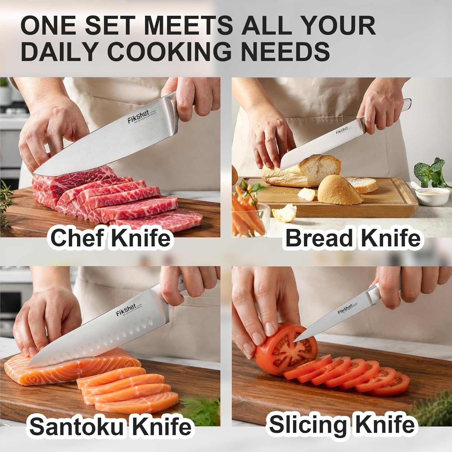 Fikshot 14-Piece Knife Set – German High Carbon Stainless Steel, Professional Chef Knives with Block & Sharpener, Elegant White, Dishwasher-Safe, Modern Kitchens, Rental Homes, Gift for Chefs