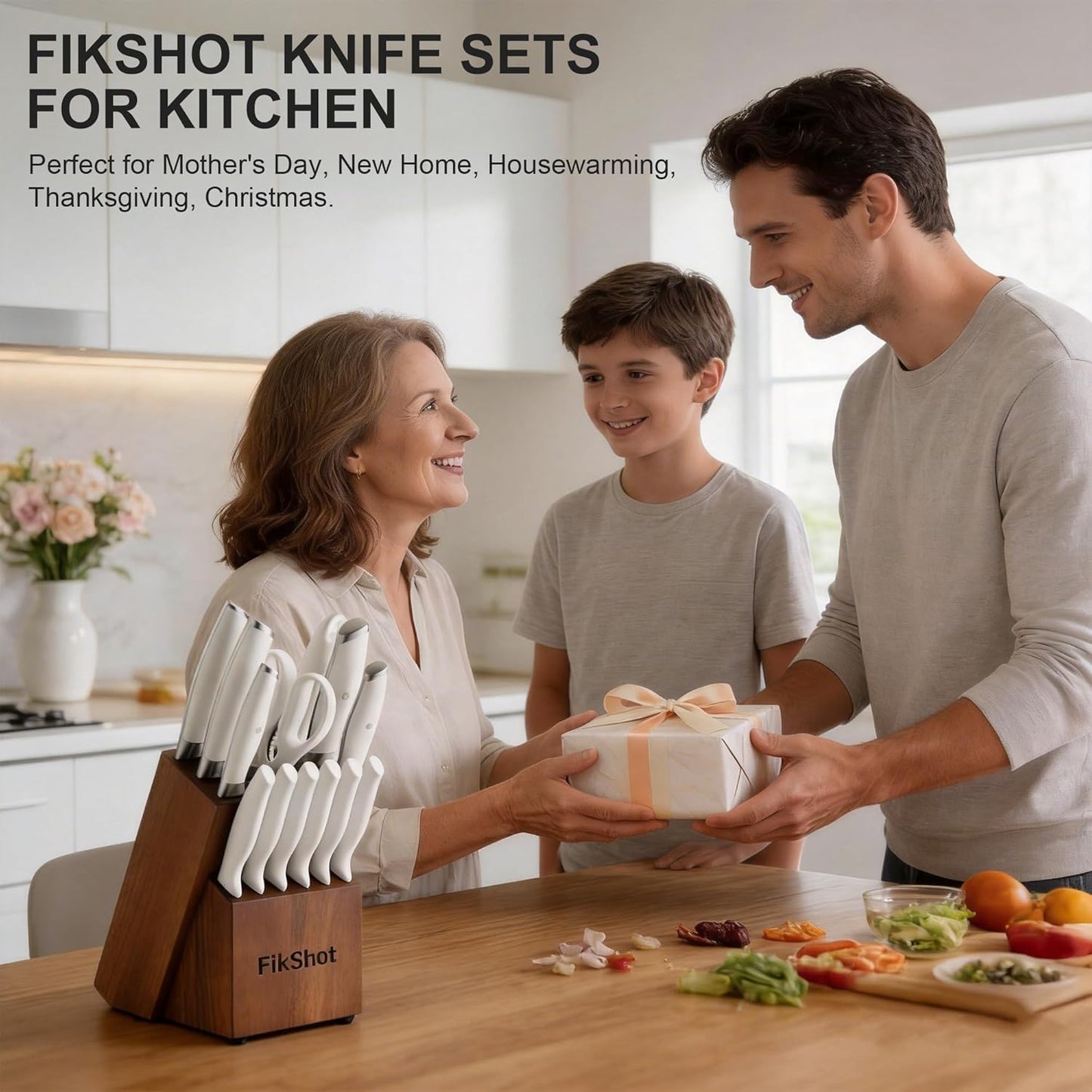 Fikshot 14-Piece Knife Set – German High Carbon Stainless Steel, Professional Chef Knives with Block & Sharpener, Elegant White, Dishwasher-Safe, Modern Kitchens, Rental Homes, Gift for Chefs