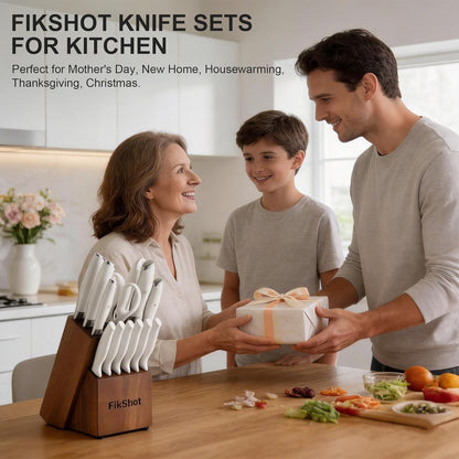 Fikshot 14-Piece Knife Set – German High Carbon Stainless Steel, Professional Chef Knives with Block & Sharpener, Elegant White, Dishwasher-Safe, Modern Kitchens, Rental Homes, Gift for Chefs