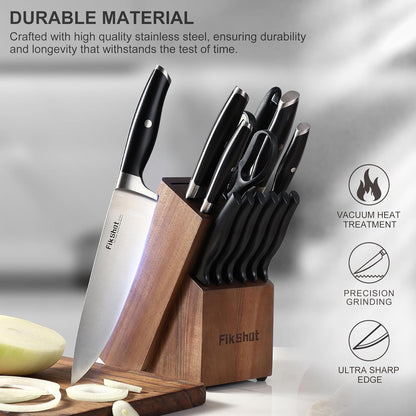 Fikshot Knife Set 14-Piece Ultra-Sharp Full Tang Chef Knives with Block and Sharpener, High-Carbon Steel Black Handle for Kitchens, BBQs and Feasts, Rust-Resistant, Dishwasher-Safe, Gift for Chefs