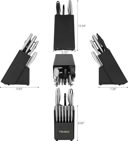 FIKSHOT Kitchen Knife Set, Including Knife Block Set and Sharpener - Made of High Carbon Steel, Rust-Resistant, Ergonomic Handle, Suitable for Cooking, Grilling and Gifting
