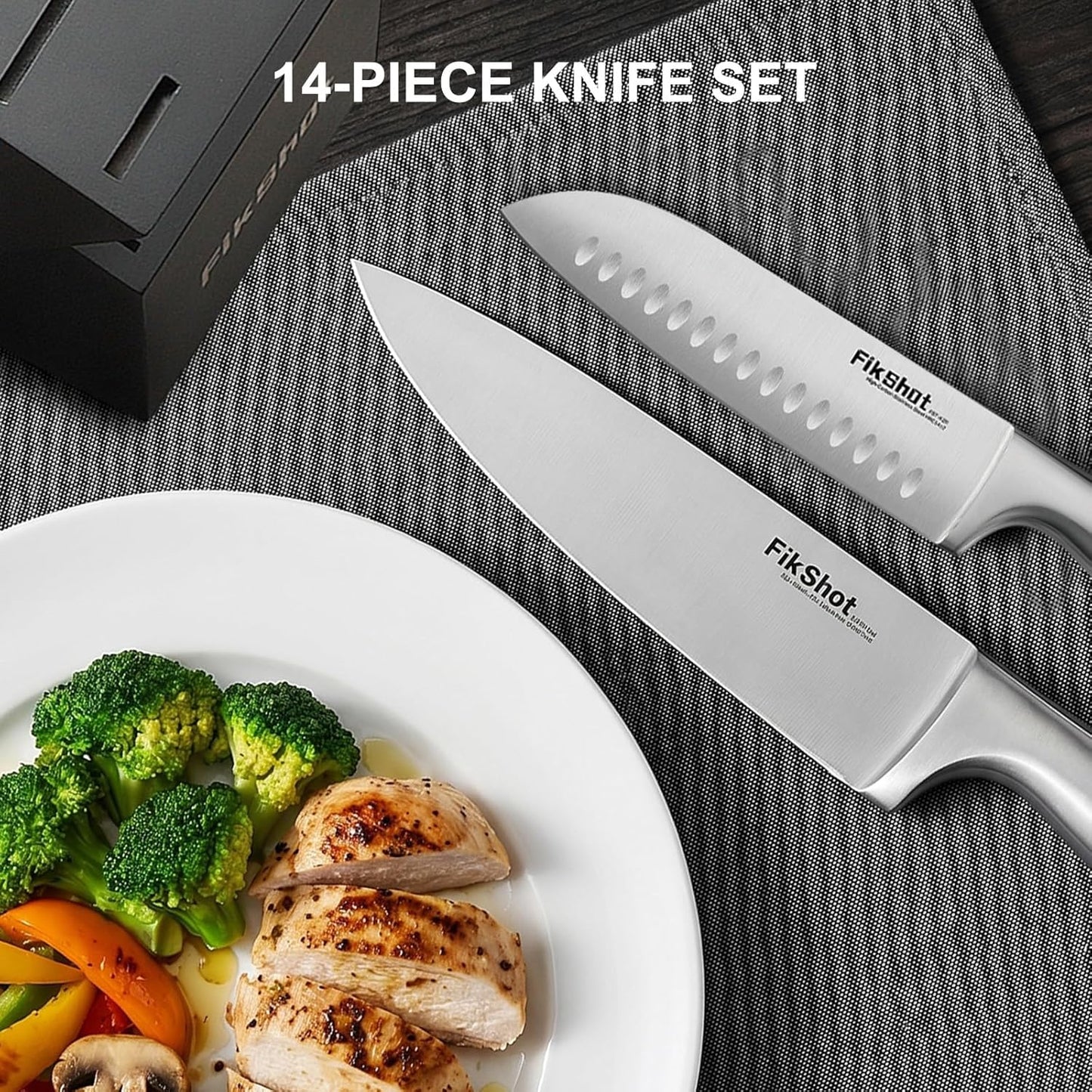 FIKSHOT Kitchen Knife Set, German Stainless Steel kitchen knives – Includes Knife Block Set & Sharpener, High Carbon, Rust-Resistant, Ergonomic Handle for Cooking, Grilling & Gifting