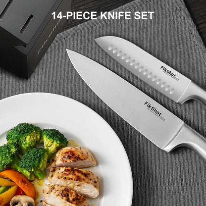 FIKSHOT Kitchen Knife Set, German Stainless Steel kitchen knives – Includes Knife Block Set & Sharpener, High Carbon, Rust-Resistant, Ergonomic Handle for Cooking, Grilling & Gifting