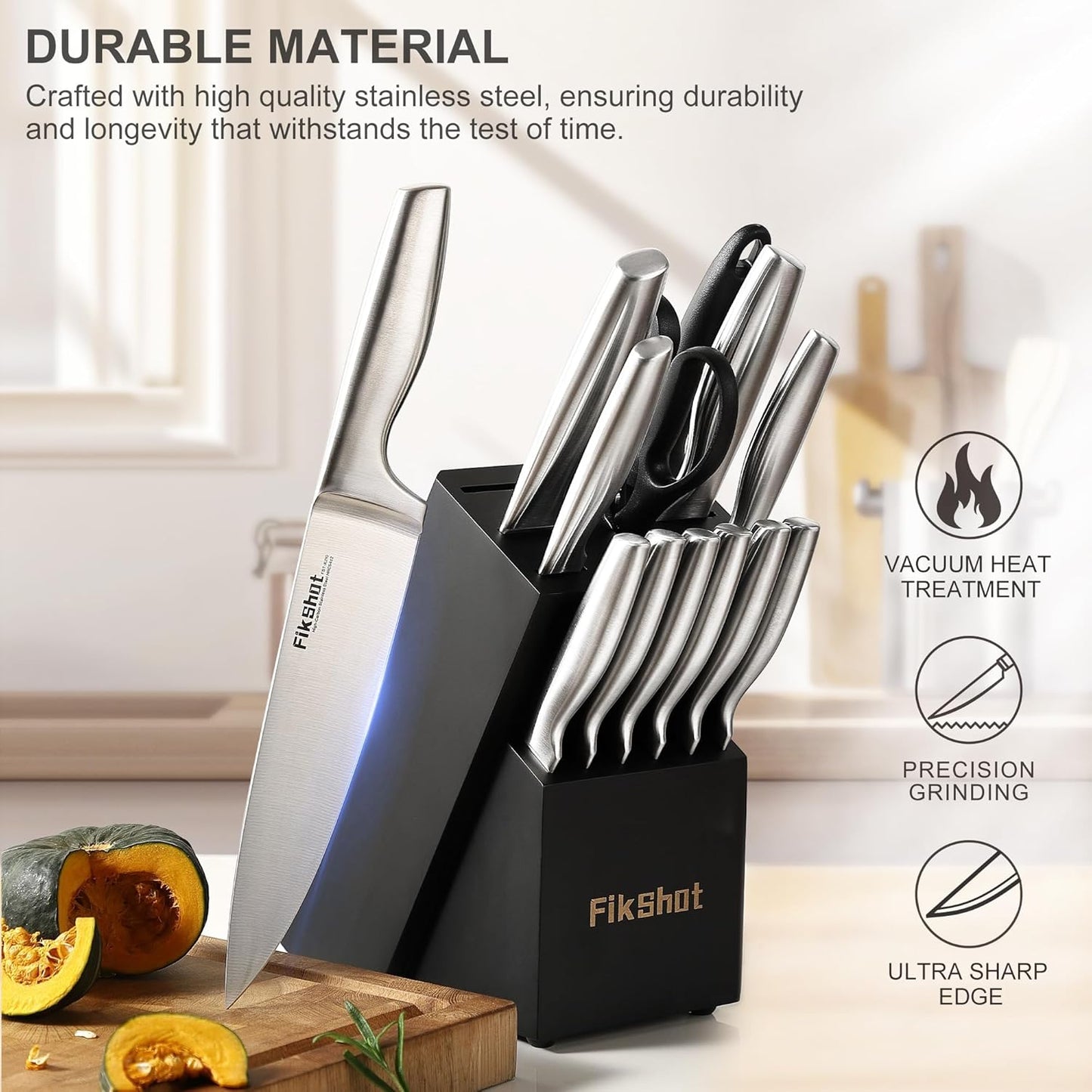 FIKSHOT Kitchen Knife Set, Including Knife Block Set and Sharpener - Made of High Carbon Steel, Rust-Resistant, Ergonomic Handle, Suitable for Cooking, Grilling and Gifting